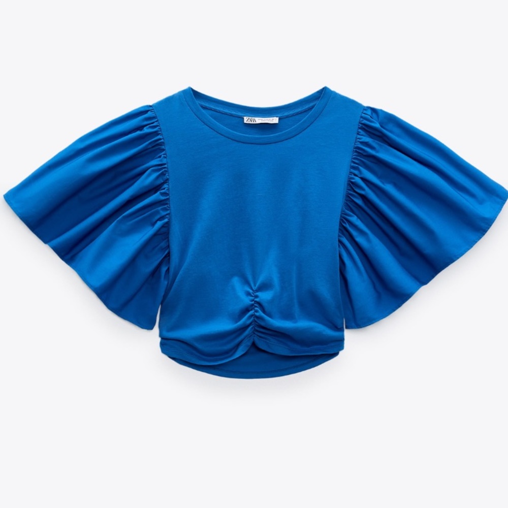 Zara Blue Ruffle Ruched Top Size M - Picture 8 of 8